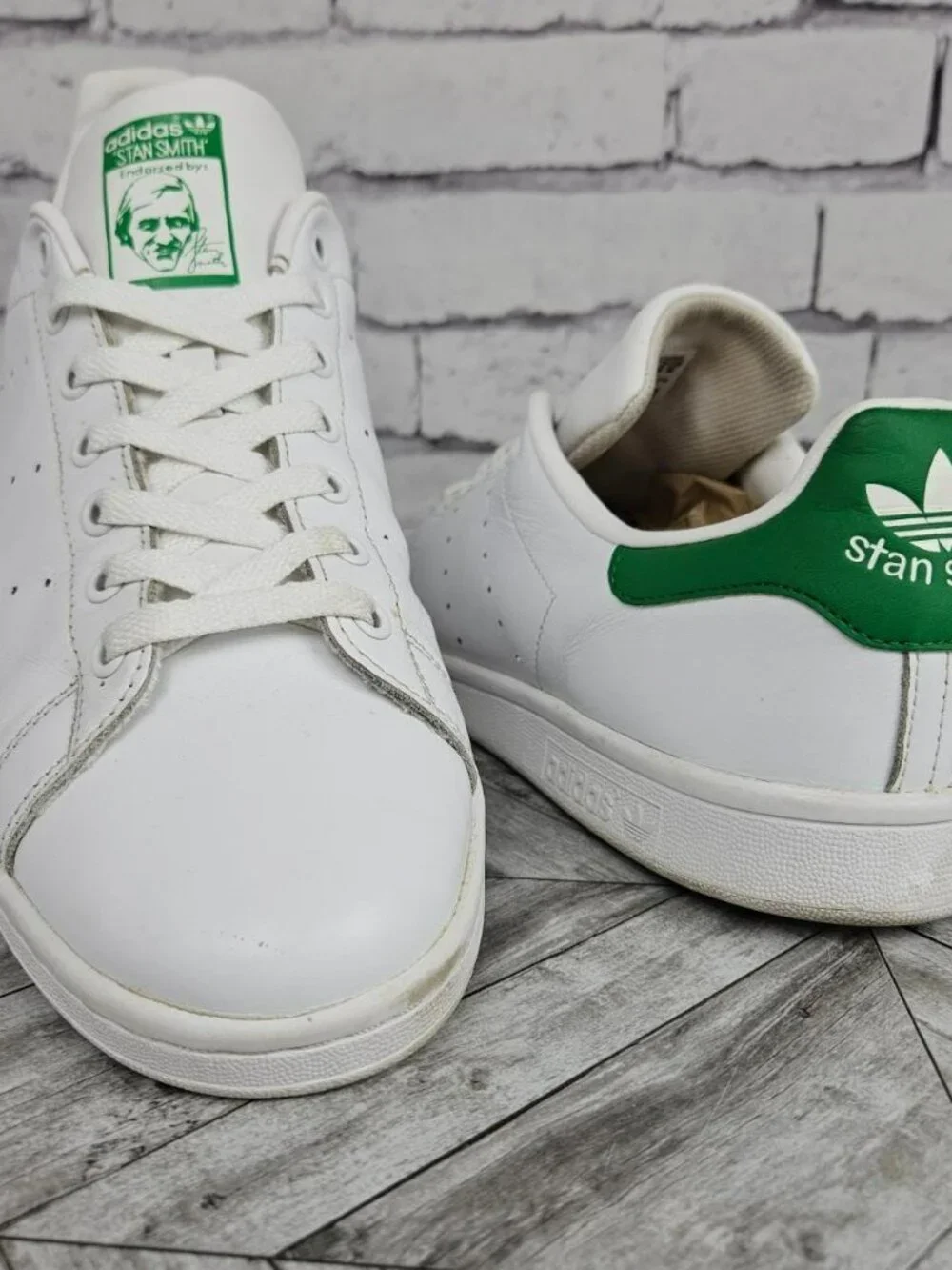 Adidas Mens 12 Stan Smith Classic White Green Leather Sneakers Shoes Preowned